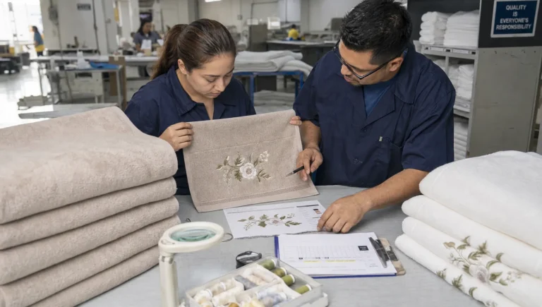 Two textile workers compare an embroidered towel sample with a reference sheet at a finishing table.
