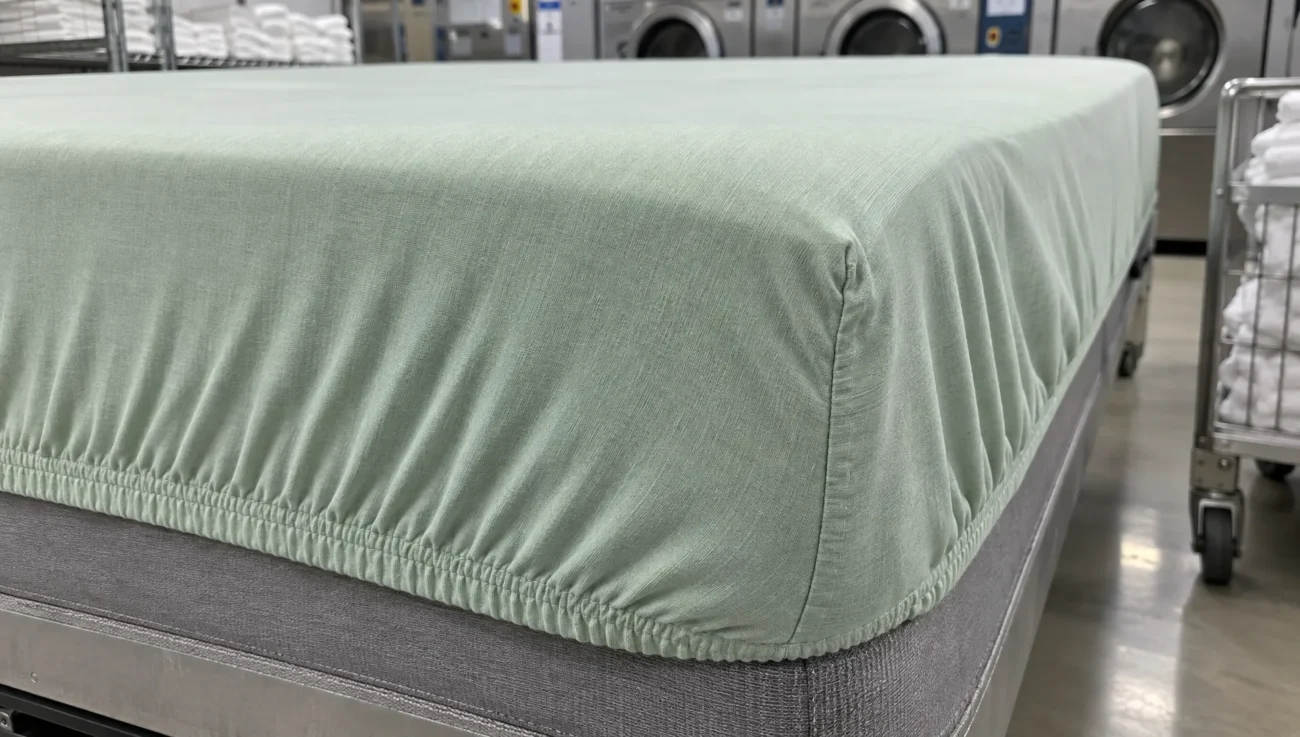 A bamboo fitted sheet corner stretches over a test mattress, revealing its elastic casing and seam construction during a commercial laundry durability check.