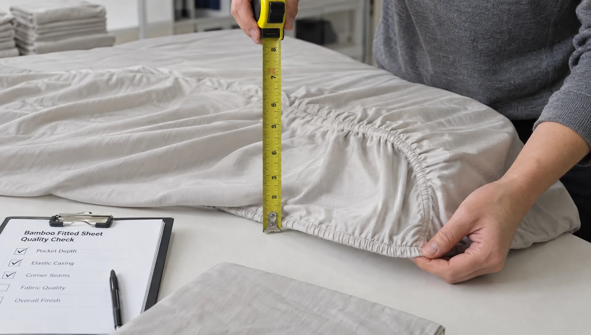 A bamboo fitted sheet is spread across an inspection table as a tape measure checks its pocket depth and the elastic casing and corner seams are examined.