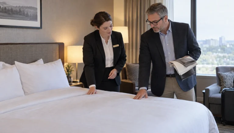 A hotel manager and textile supplier compare the feel and drape of cotton sheets on a guest-room bed.