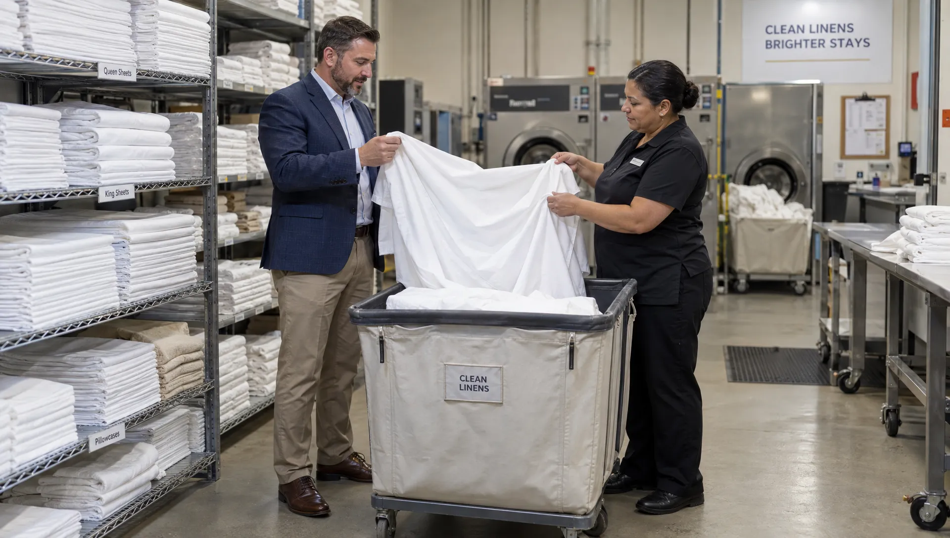 A hotel procurement manager and laundry supervisor compare laundered sheets while discussing bulk bedding quality.