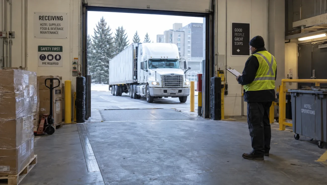 A hotel receiving supervisor checks a delivery schedule beside an open loading bay as a freight truck arrives with wholesale linens.