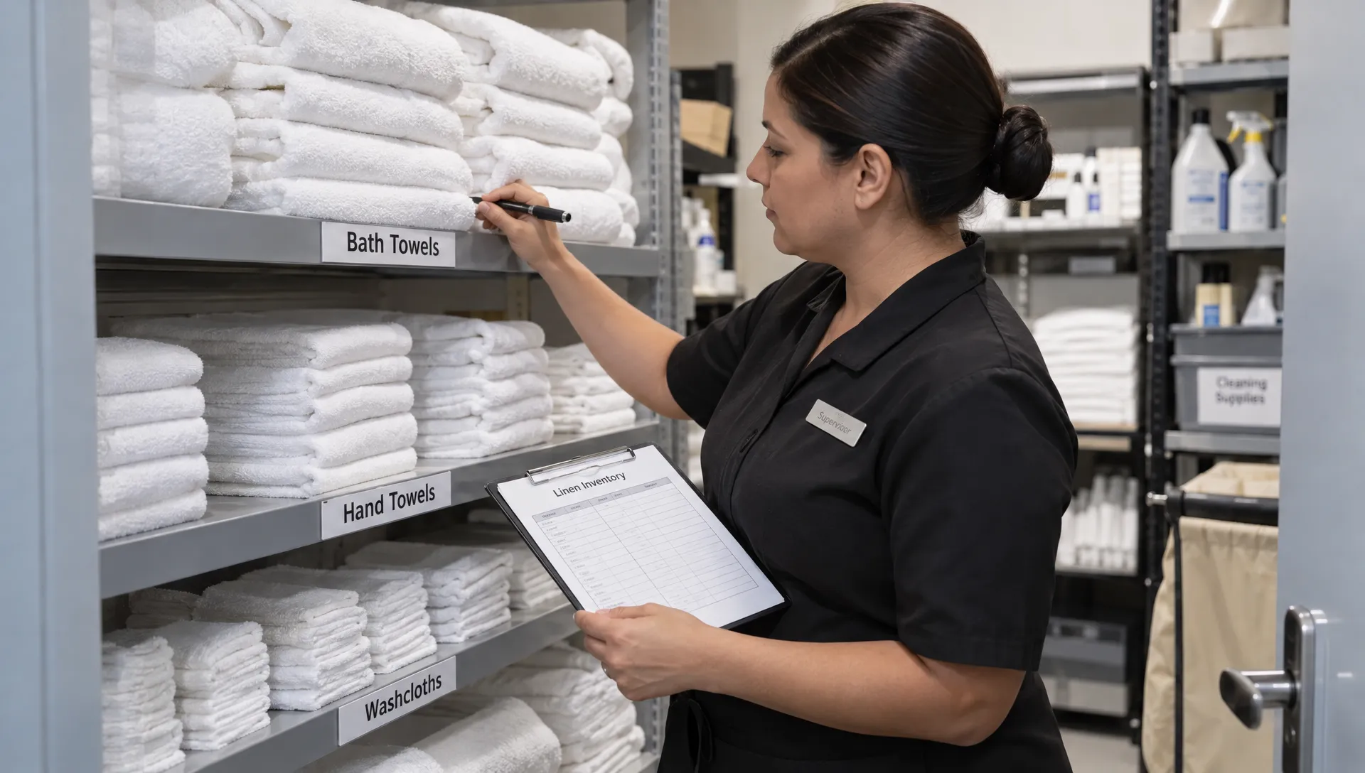 A housekeeping supervisor counts bath towels, hand towels and washcloths on separate storeroom shelves using an inventory sheet.