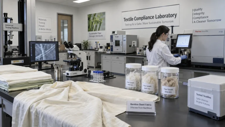 A laboratory technician checks sheet-fabric samples as part of verifying bamboo bed sheets for US labeling.