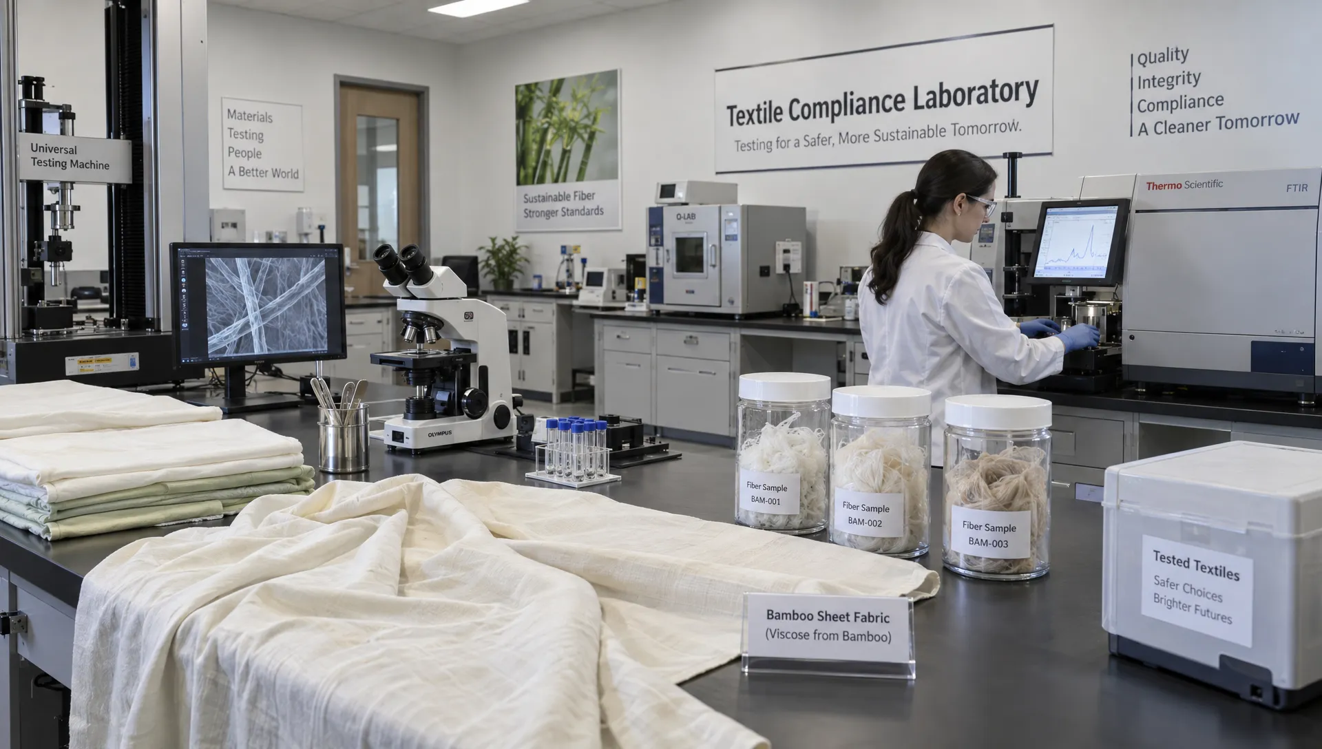 A laboratory technician checks sheet-fabric samples as part of verifying bamboo bed sheets for US labeling.