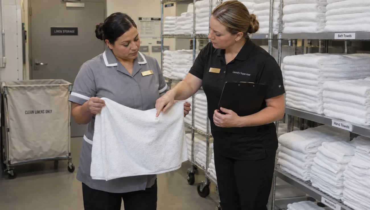A laundry supervisor and housekeeper inspect a pulled loop in a terry towel beside shelves of clean hotel linens.