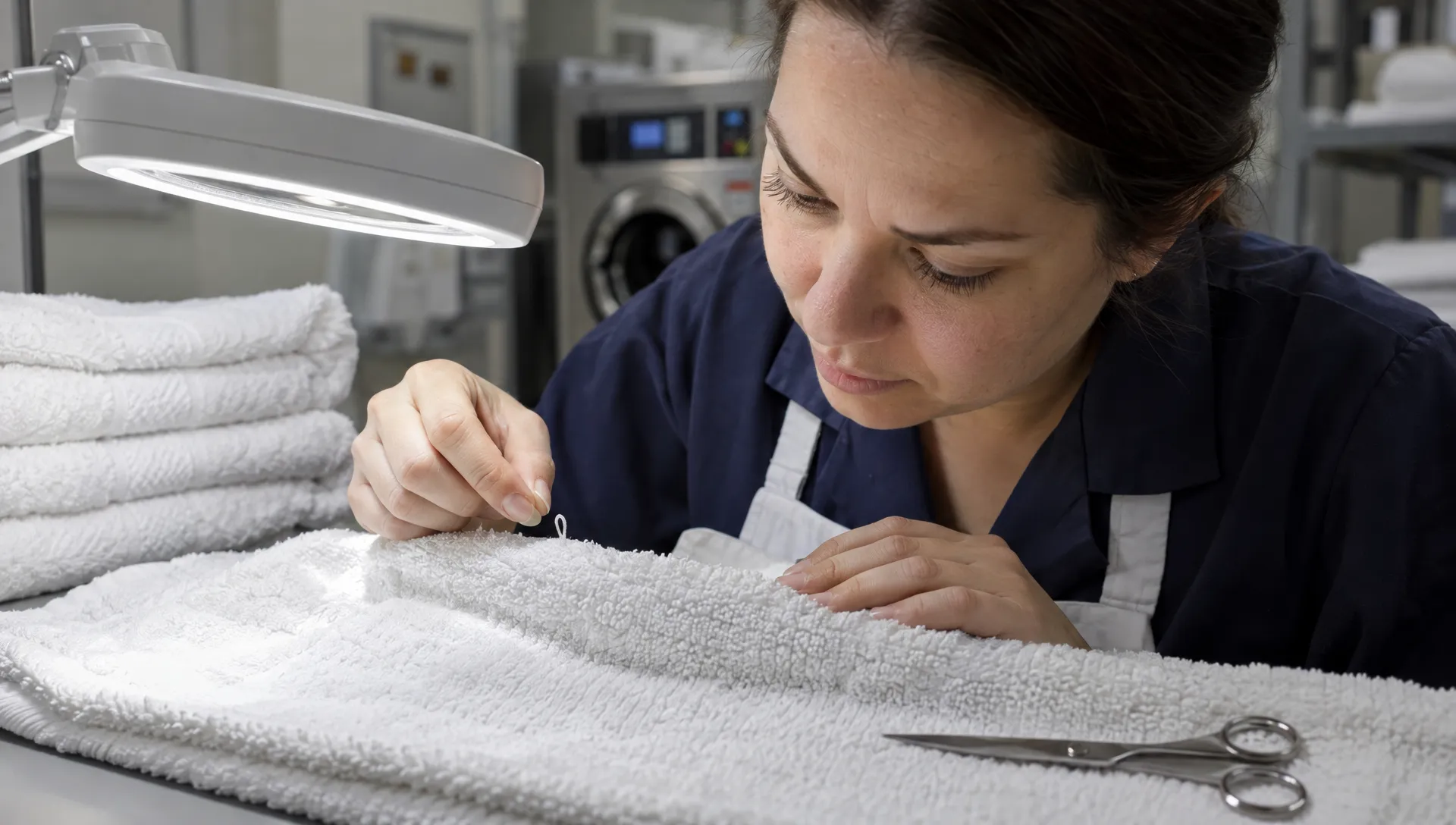A laundry worker examines one extended loop among intact terry towel loops under a task light, with fine-point scissors resting beside the fabric.