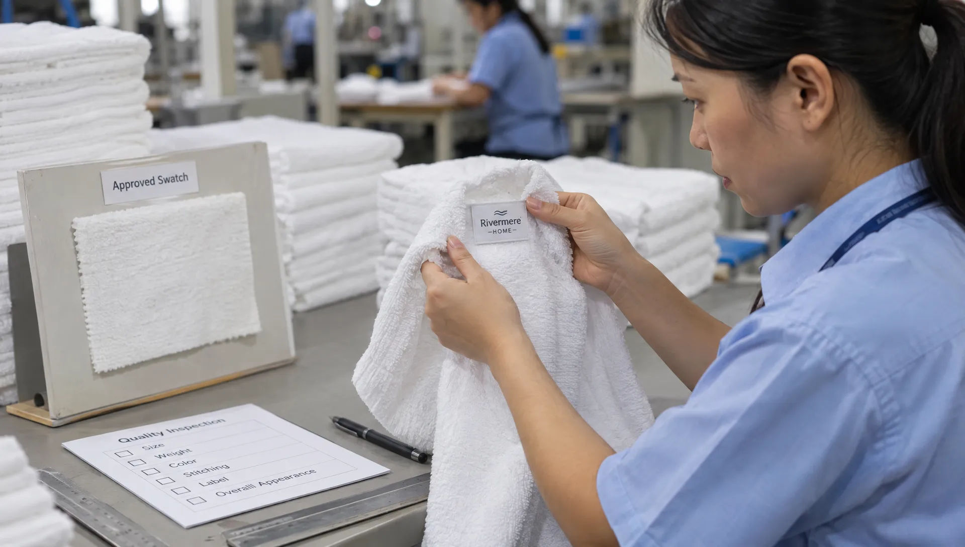 A quality inspector compares a cotton terry towel with an approved swatch and checks its sewn private-label tag at a factory inspection station.