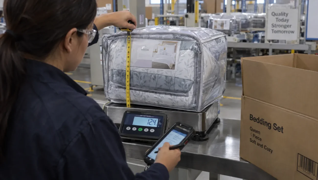 A technician measures a packed sheet set beside a scale to verify its dimensions and shipping weight.