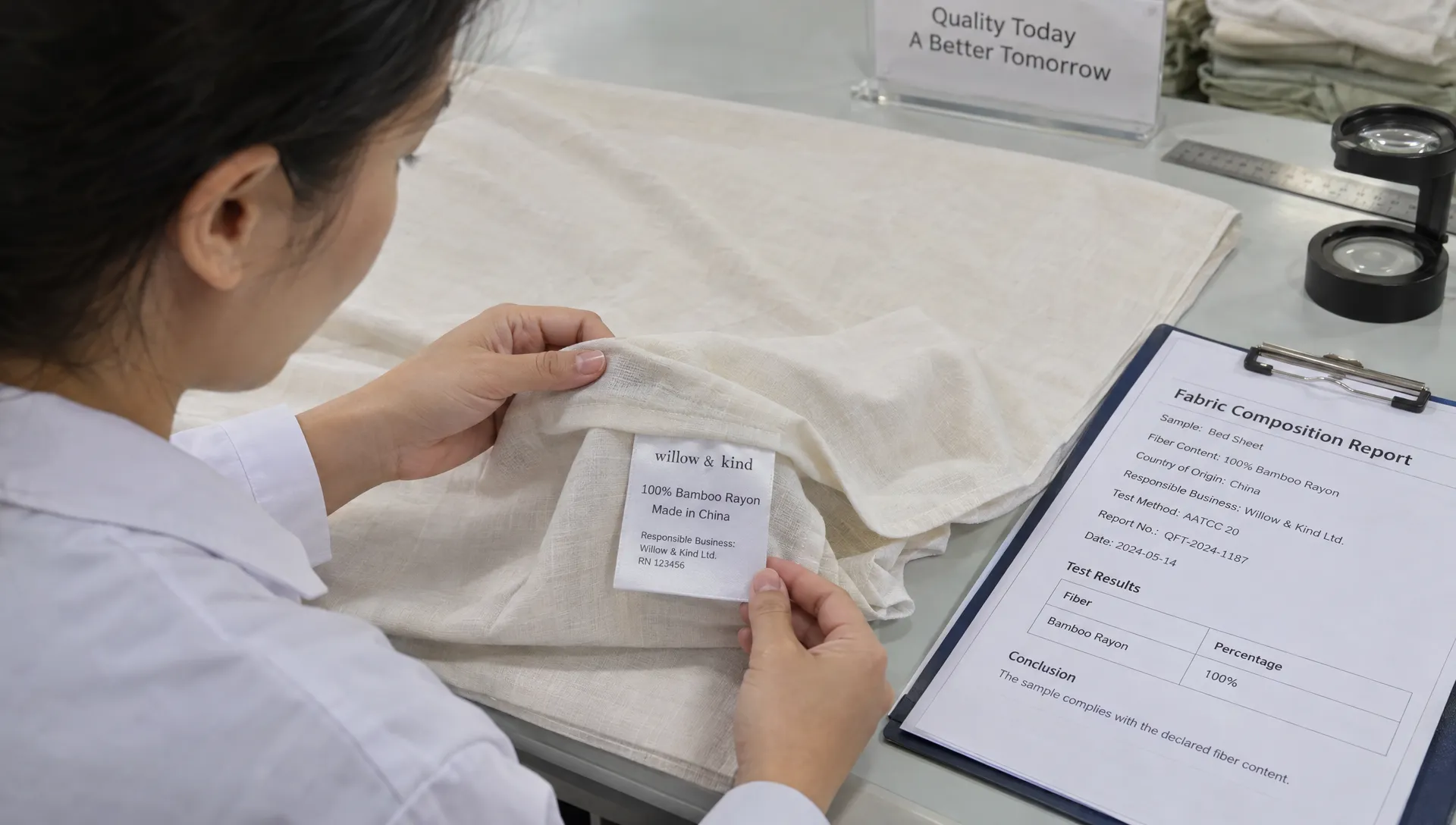 An inspector checks a bamboo bed sheet label against a composition report listing rayon, origin, and business identity.