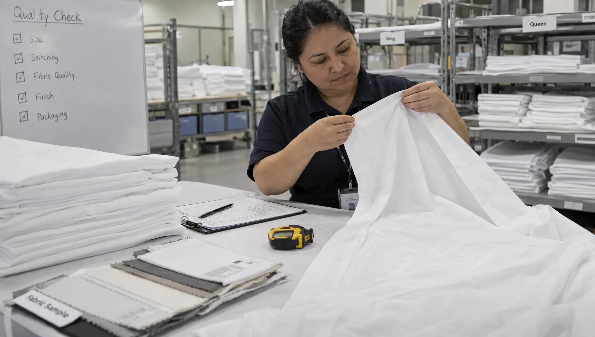 An inspector checks the hem stitching and dimensions of a finished white hotel sheet beside fabric samples during a bulk quality review.