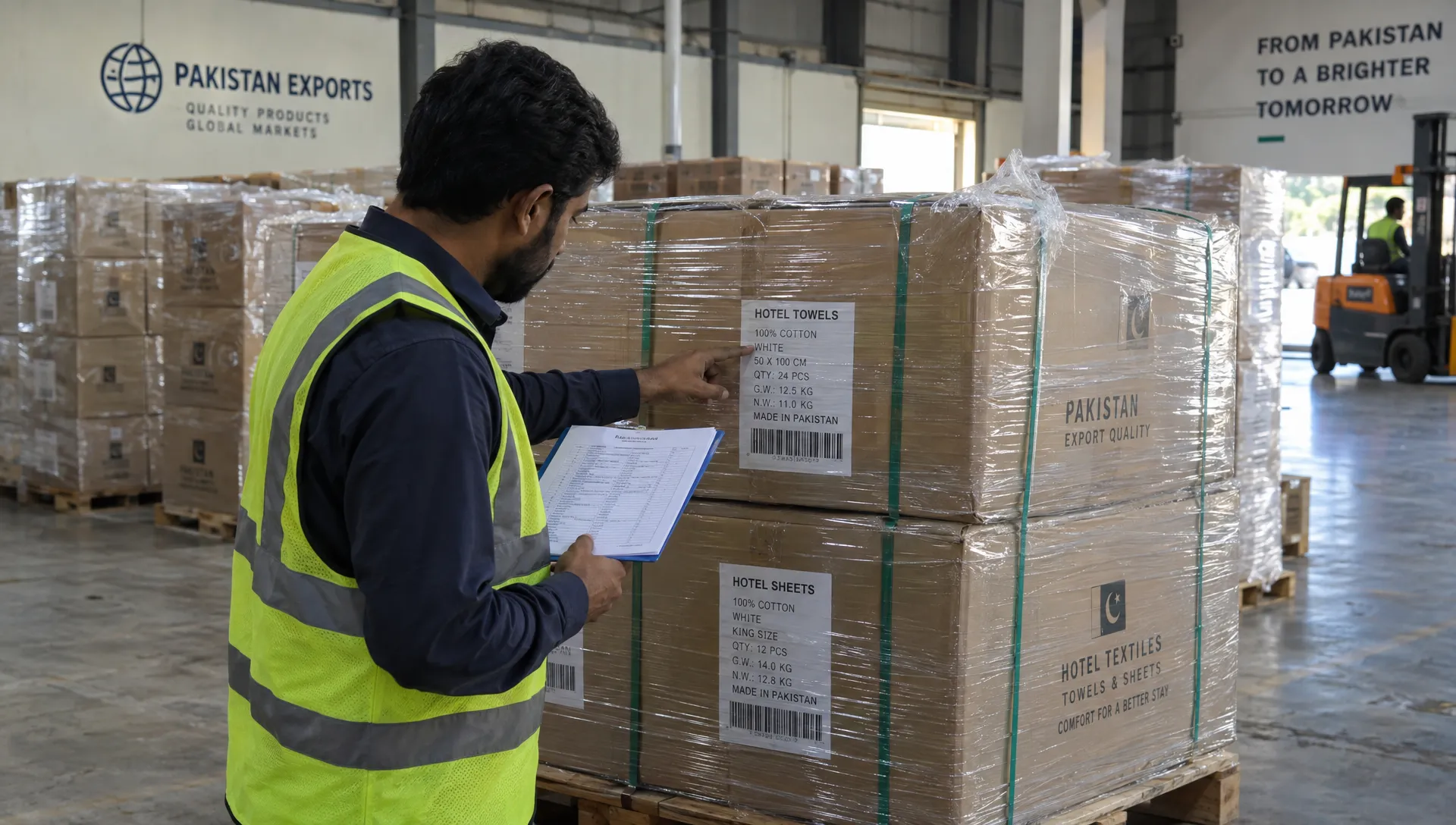 At a Pakistan export warehouse, a worker checks the carton markings on a wrapped pallet of hotel towels and sheets against a packing list.