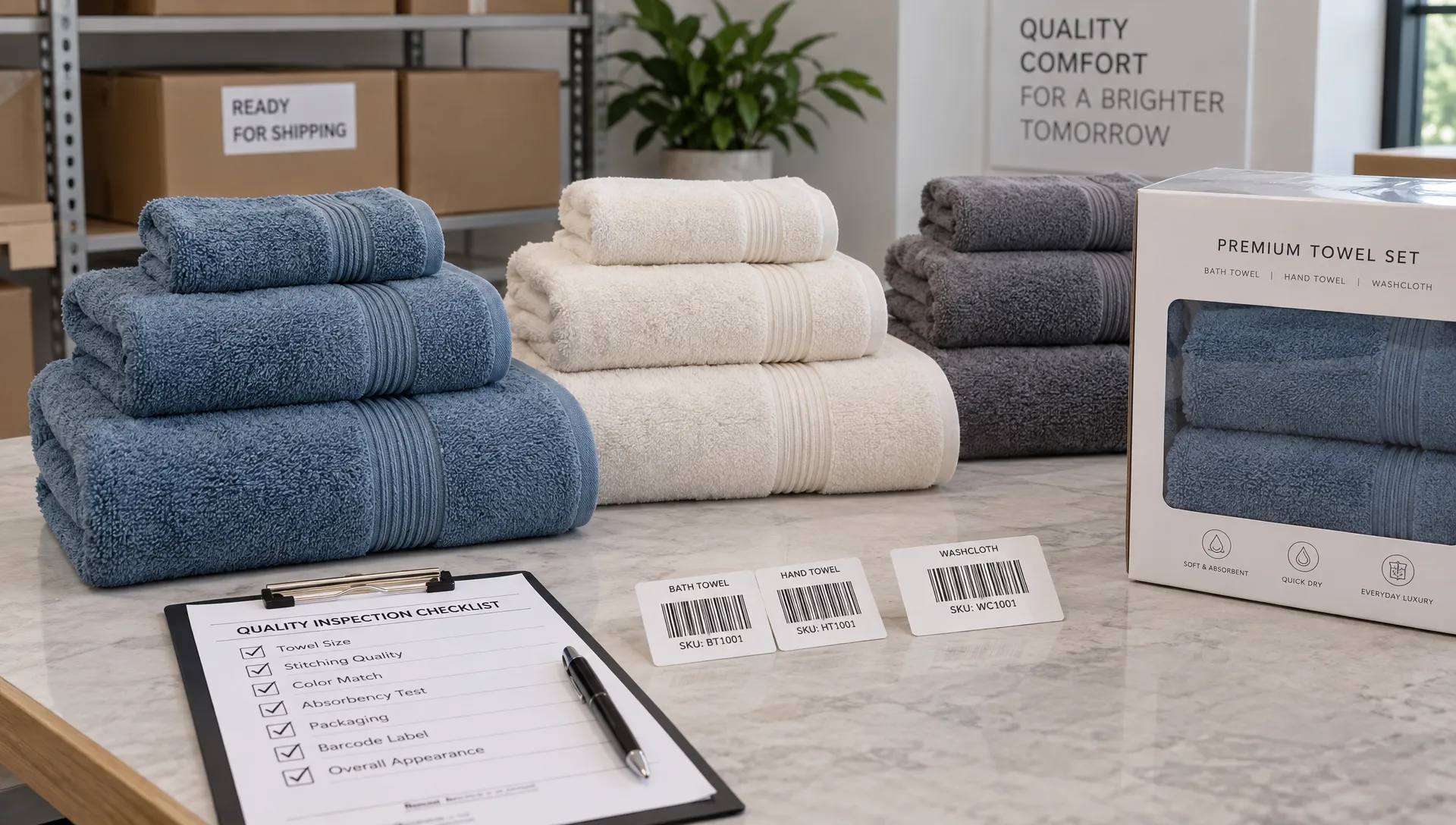Complete towel sets with matching bath towels, hand towels, and washcloths sit beside sample retail packaging, barcode labels, and an inspection checklist.