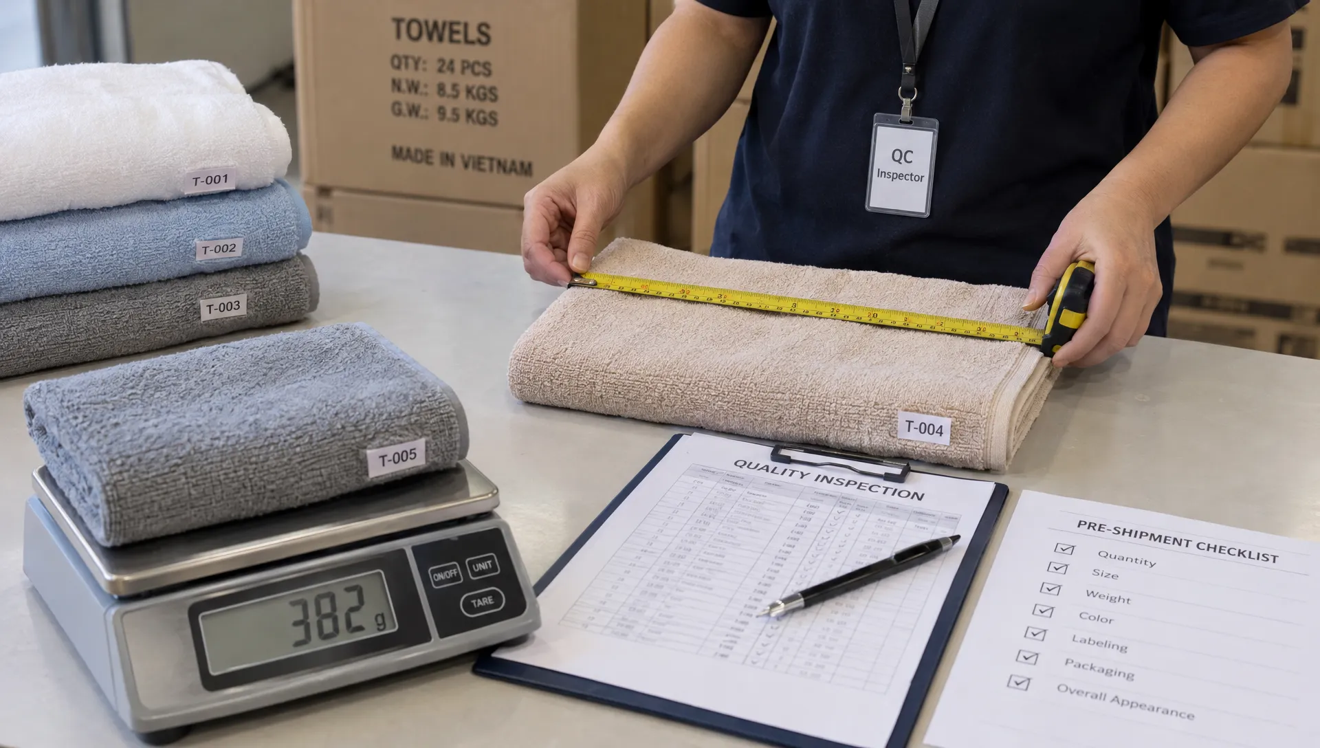 Labeled towel samples are checked with a measuring tape and weighing scale beside inspection sheets before shipment.