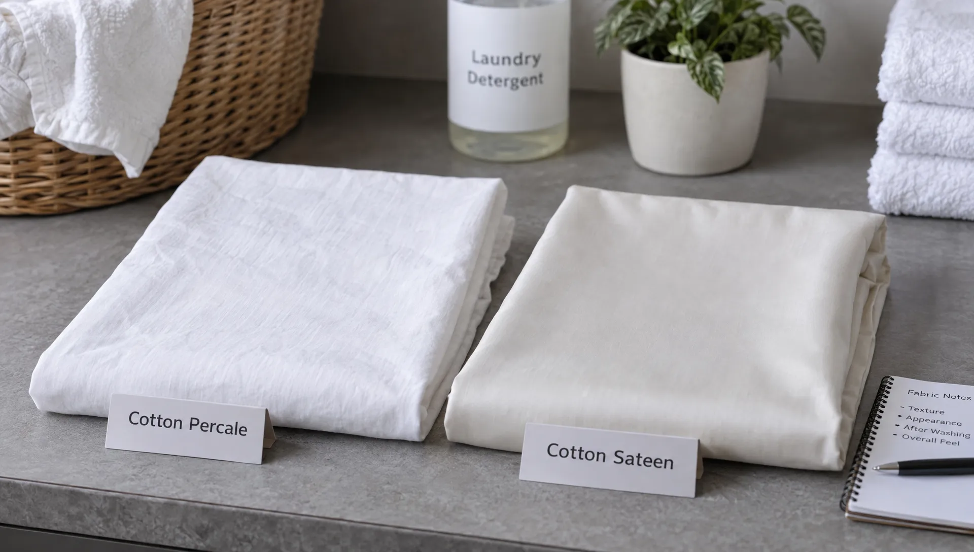 Washed cotton percale and sateen samples lie beside each other on a laundry evaluation table, with their contrasting surfaces visible after laundering.
